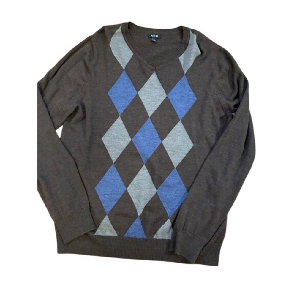 Apt. 9 Mens Argyle V-Neck Sweater Brown Blue Merino Wool Blend Large